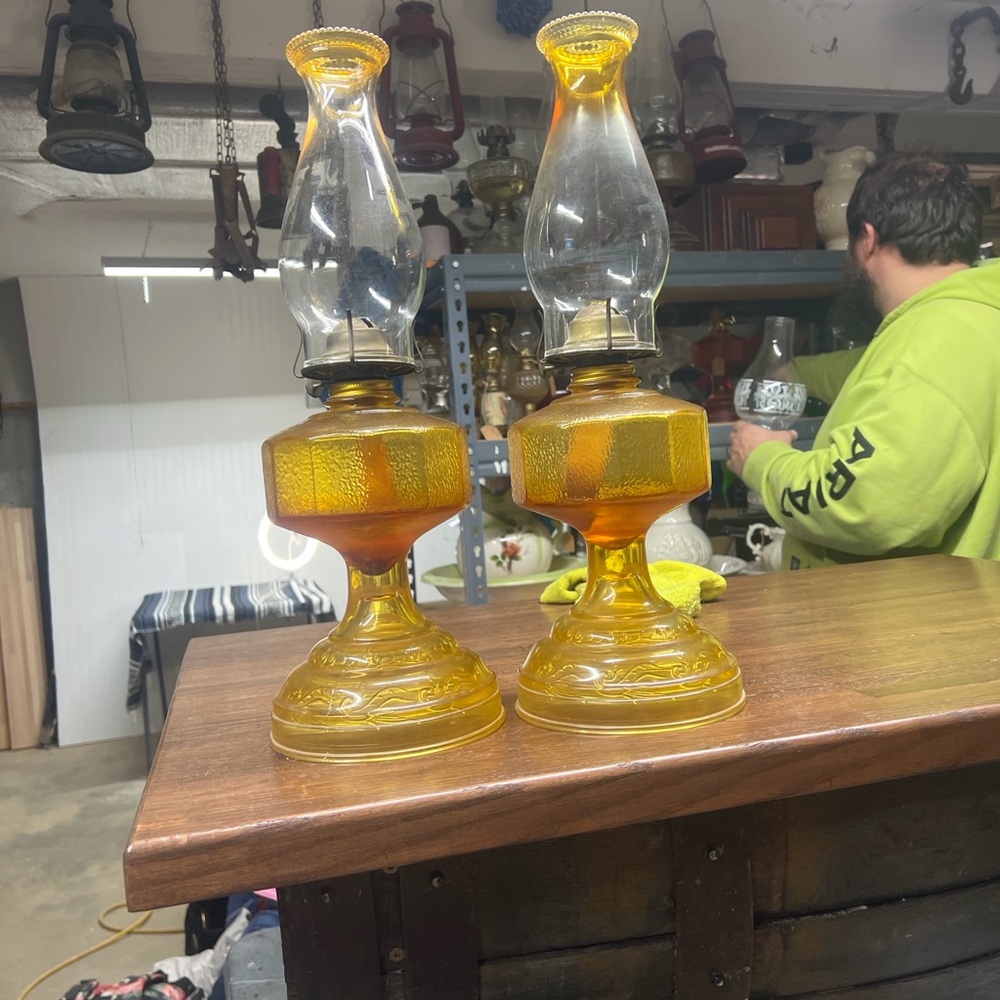 Amber Glass Oil Lamp Pair - Home Accents